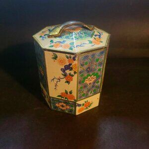Vintage Baret Ware or Daher Octagonal Tin With Asian Floral Chinois Design